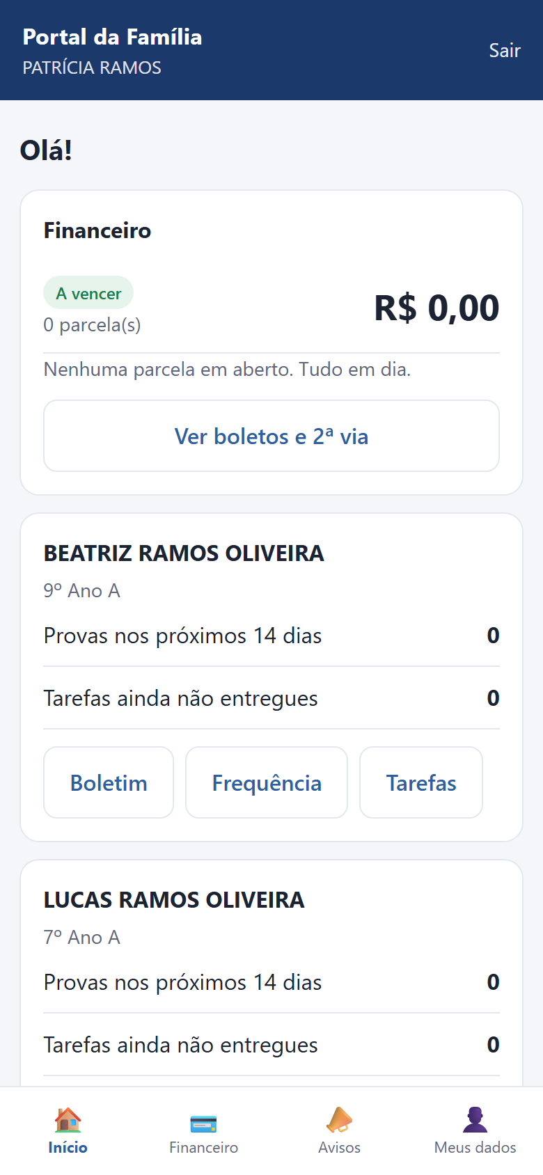Início do portal da família